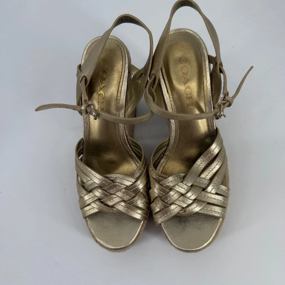 Coach Dottie Espadrille Wedge Sandals Womens 6B Gold Metallic Woven Strappy